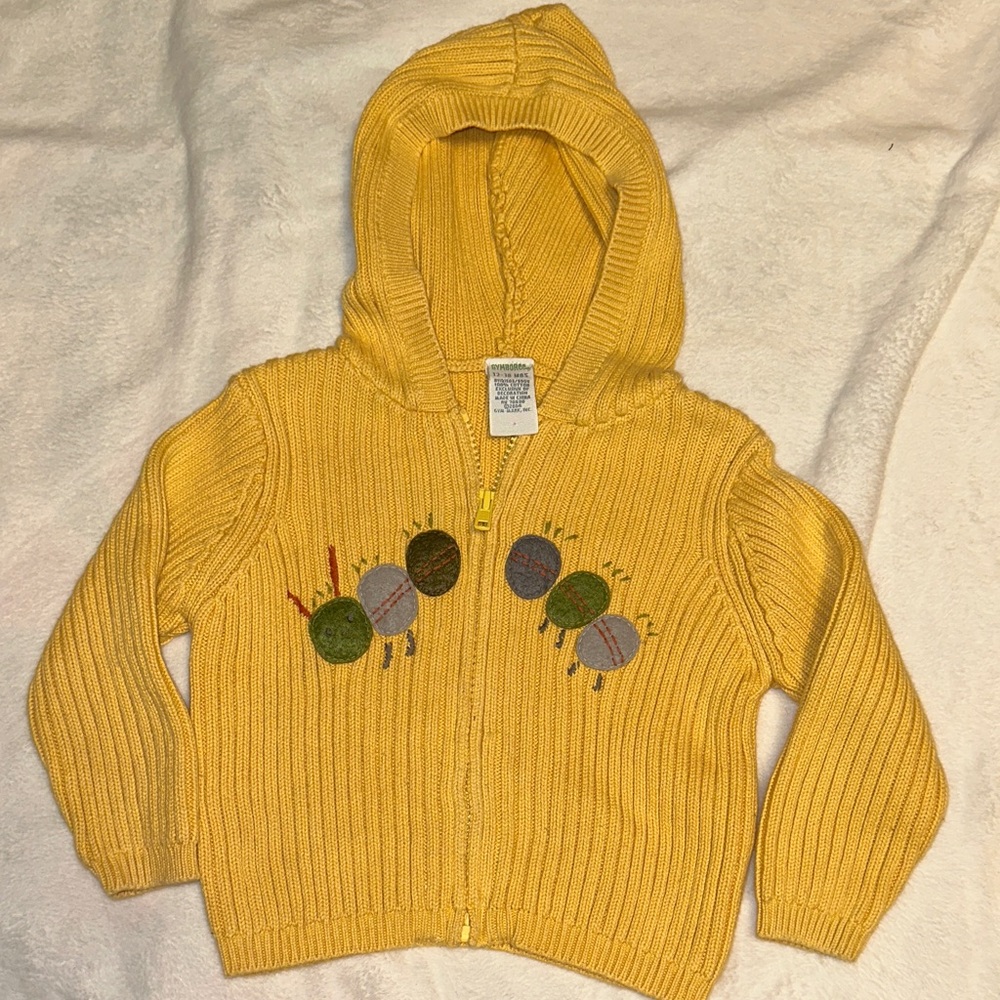 VINTAGE GYMBOREE GARDEN FRIENDS RIBBED SWEATER CARDIGAN HOODED CATERPILLAR 12-18